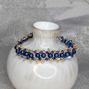 Blue Gold Bracelet - Blue Glass Pearls And Gold Seed Beed Bracelet - 200mm